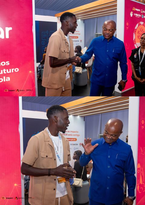 ANGOTIC 2026 — Angola ICT Forum. An entrepreneur greets the Minister at the INAPEM stand.